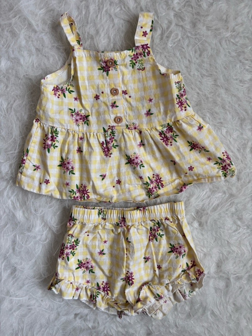 Petit Lem Yellow Gingham Pink Floral Baby  Tank & Shorts Set